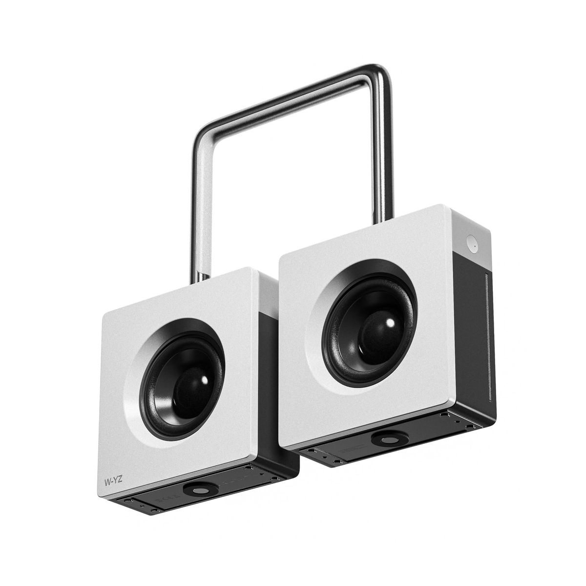 Hand carrying two portable speakers